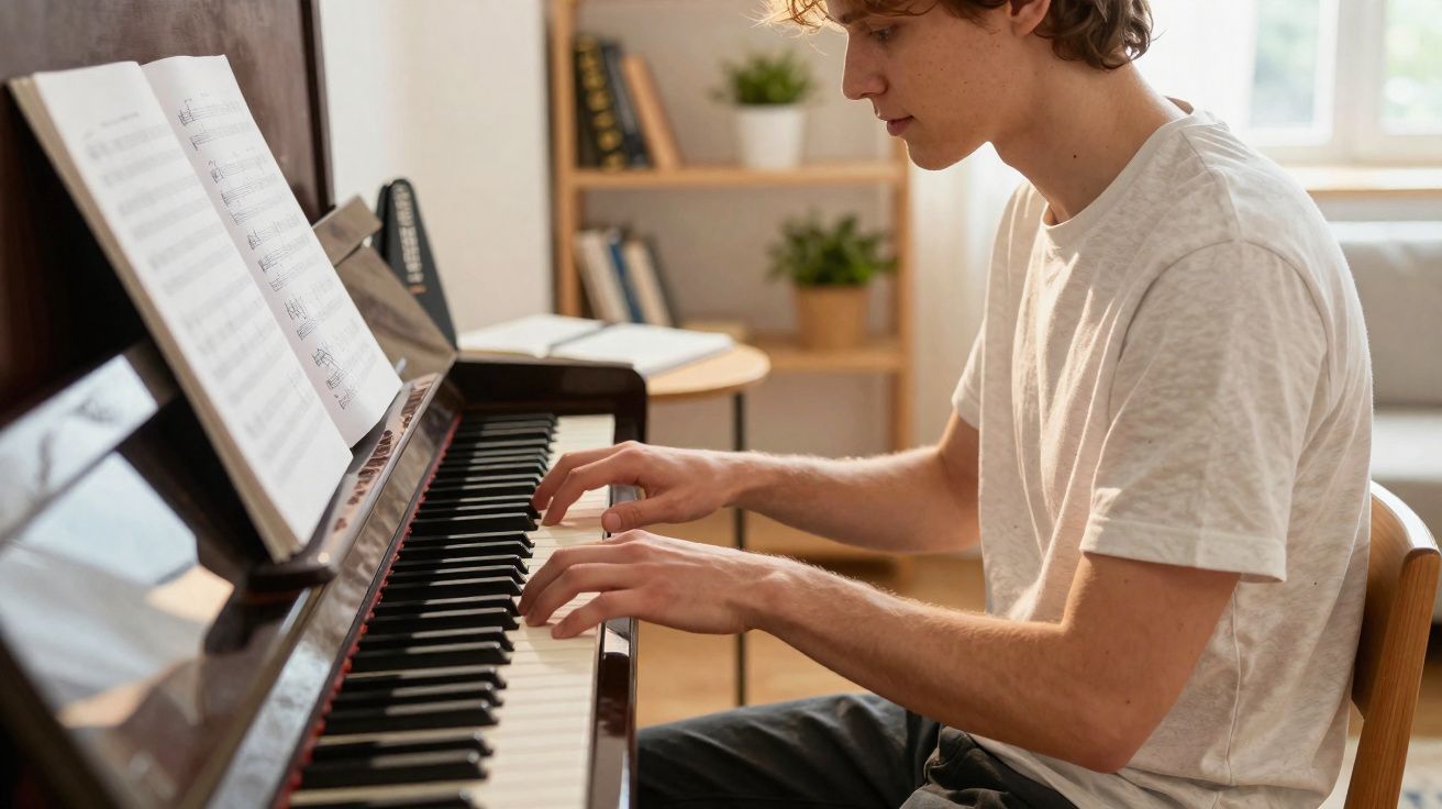 Rapaz sentado a tocar piano, com partitura aberta, numa sala iluminada com plantas e livros ao fundo.