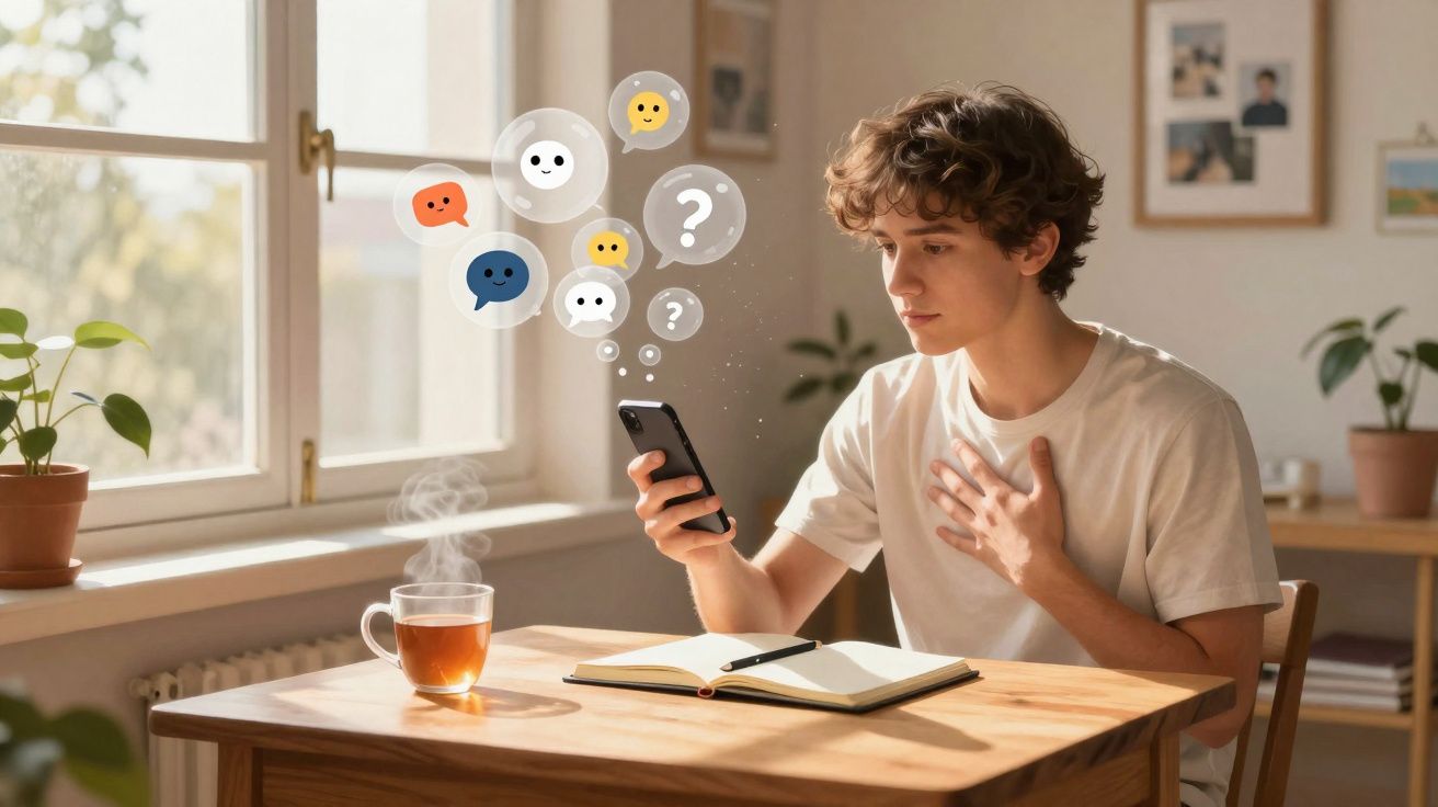 Jovem sentado a ler mensagens no telemóvel com expressões de dúvida e surpresa, chá quente e caderno na mesa.