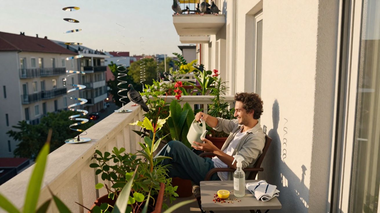 Homem sentado em varanda com plantas, regando flores ao sol da tarde numa zona urbana residencial.