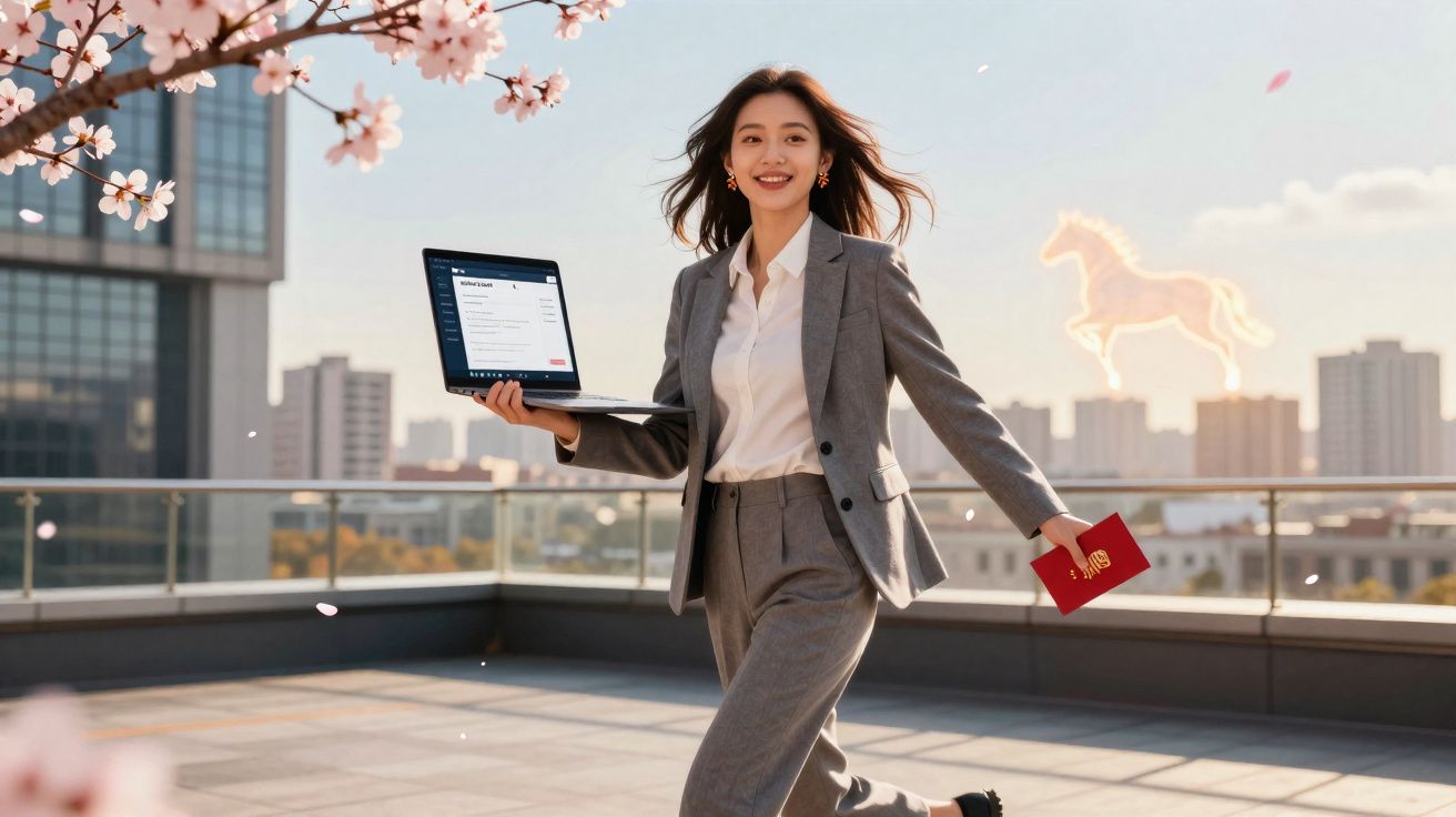 Mulher sorridente de fato cinzento segura portátil e passe vermelho num terraço urbano com flores e céu ao fundo.