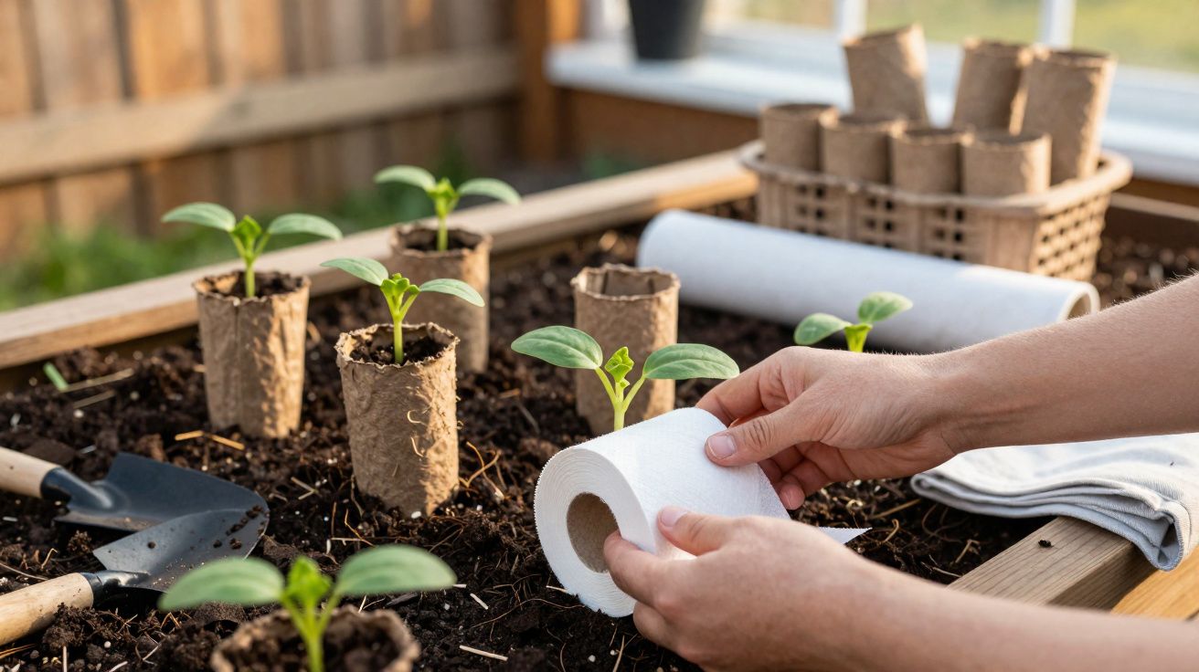 Mãos seguram rolo de papel junto a pequenas plantas em vasos biodegradáveis num tabuleiro de cultivo.