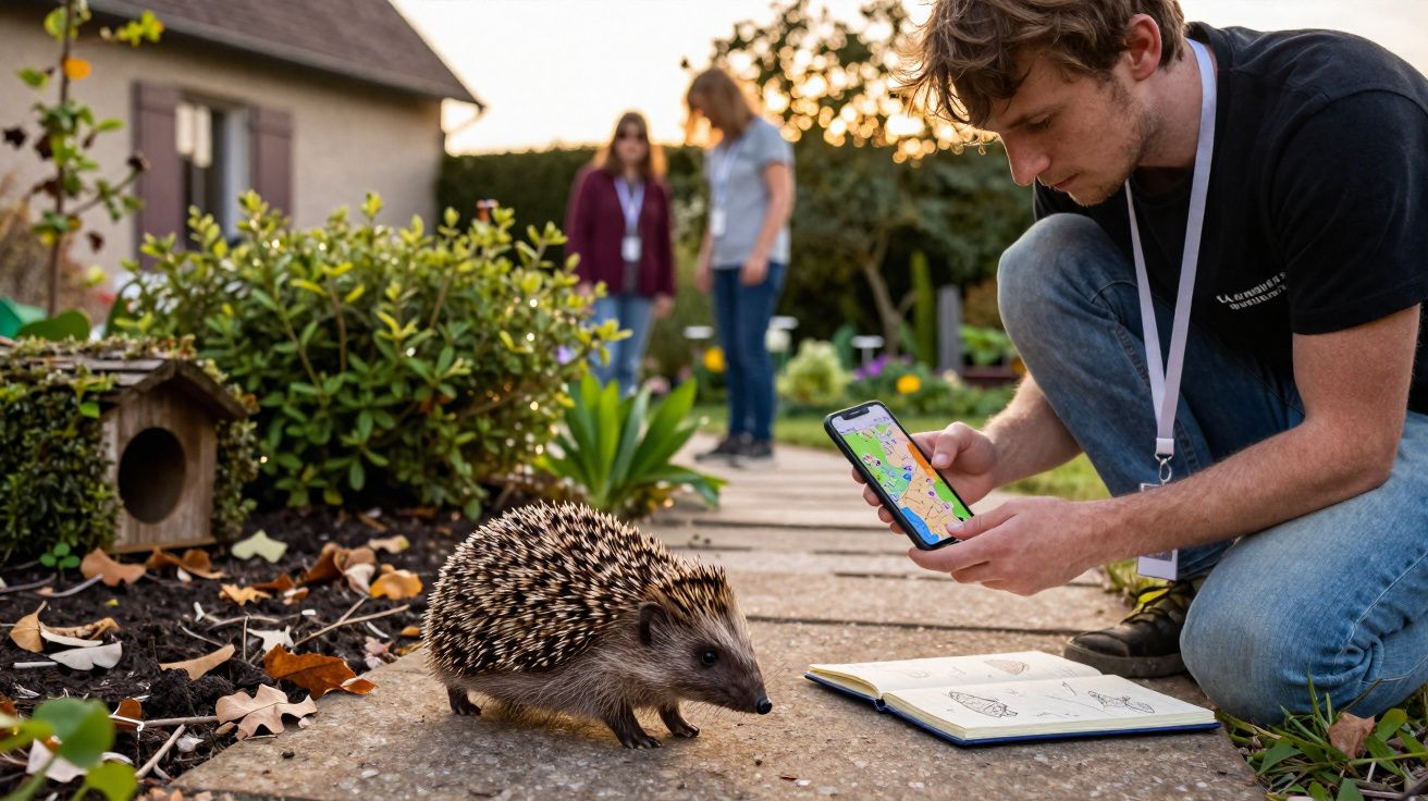 Homem agachado a observar e fotografar um ouriço numa calçada de jardim ao entardecer.