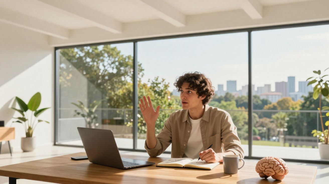 Jovem sentado à mesa, com computador e livros, gesticulando com a mão em sala iluminada com vista para cidade.