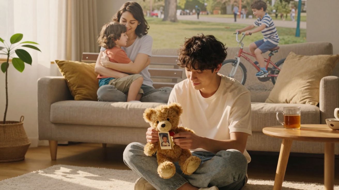 Jovem sentado no chão com ursinho de peluche e foto, mulher abraça criança no sofá e menino anda de bicicleta na janela.