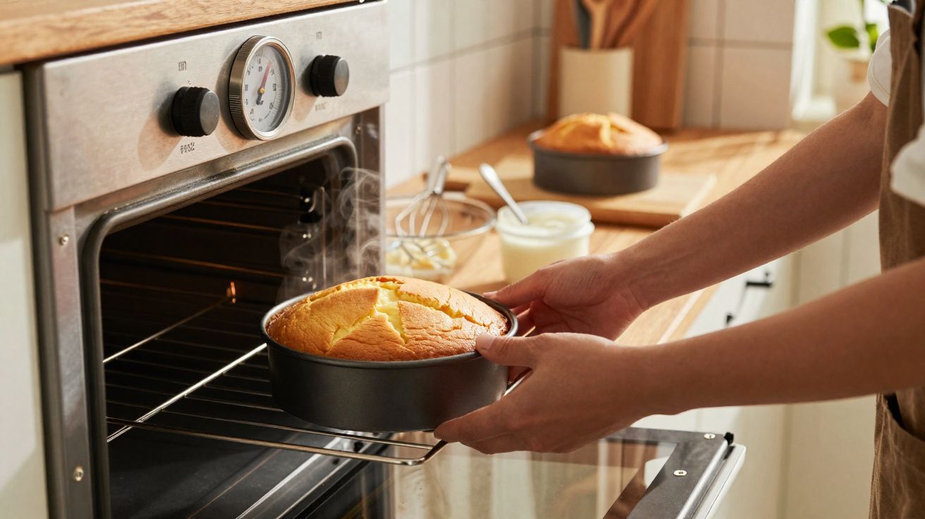 Pessoa a retirar um bolo acabado de fazer de uma forma preta quente, com vapor, num forno doméstico na cozinha.