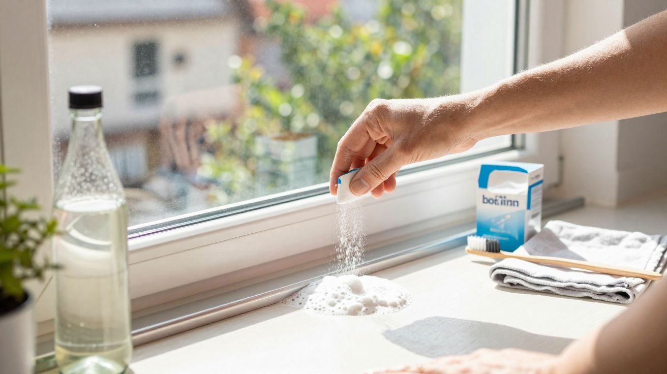 Mão a despejar bicarbonato de sódio junto a janela, ao lado escova de dentes, toalha e frasco de vidro com líquido.