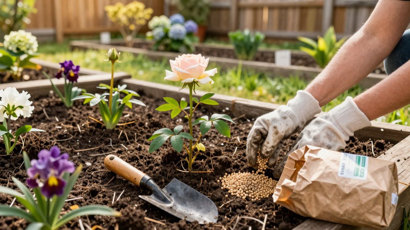 Pessoa a fertilizar canteiro com flores variadas num jardim ensolarado, com uma pequena pá de jardinar.