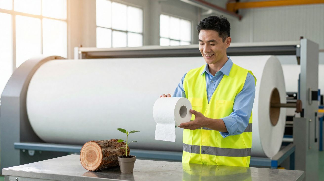 Homem com colete amarelo a segurar papel higiénico em fábrica ao lado de tronco e planta num vaso pequeno.