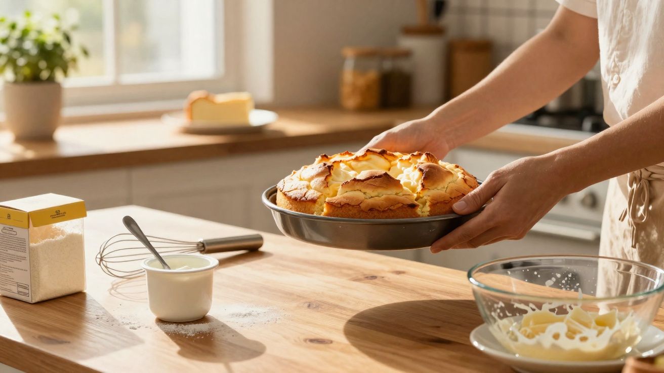 Pessoa a segurar bolo acabado de fazer numa cozinha com utensílios e ingredientes sobre a mesa de madeira.