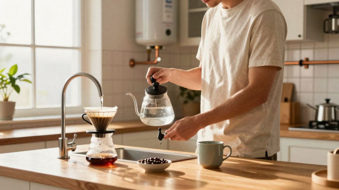 Pessoa a preparar café coado numa cozinha moderna com caneca e grãos de café na bancada.