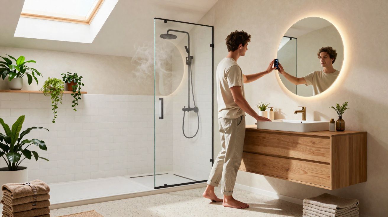 Homem encosta telemóvel em espelho redondo iluminado em casa de banho moderna com plantas e duche de vidro.