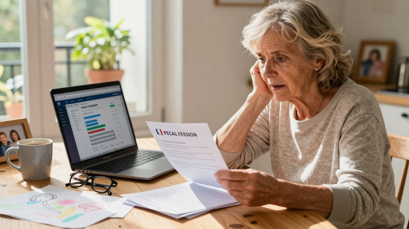 Senhora idosa preocupada a ler uma fatura enquanto está sentada à mesa com um computador portátil aberto.