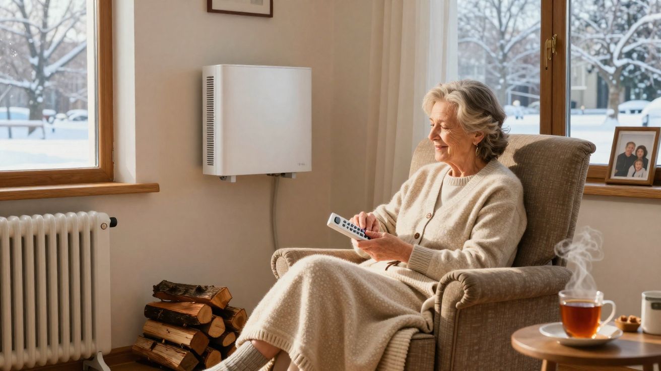 Idosa confortável sentada numa poltrona, usando controlo remoto, junto a aquecedor, em dia frio e nevado.