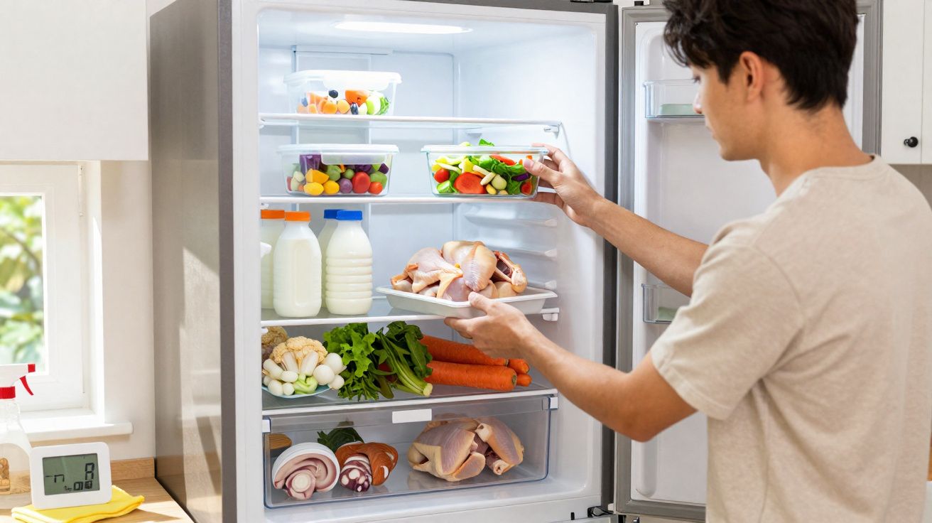 Homem guarda pratos com legumes e frango no frigorífico bem organizado e iluminado.