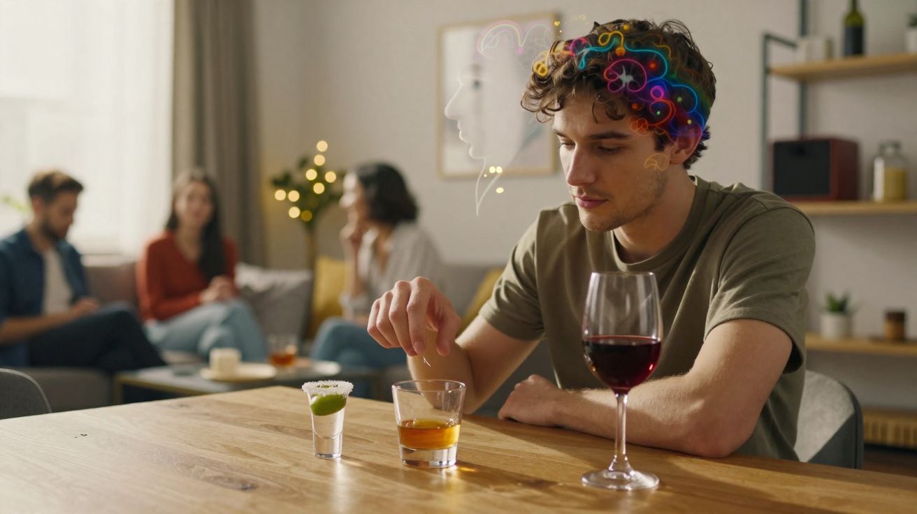 Jovem a beber sozinho com expressão pensativa e decoração colorida na cabeça, com grupo ao fundo.