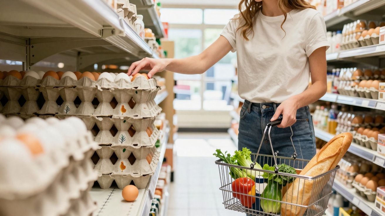 Mulher a pegar ovos numa prateleira de supermercado com um cesto com legumes e pão.