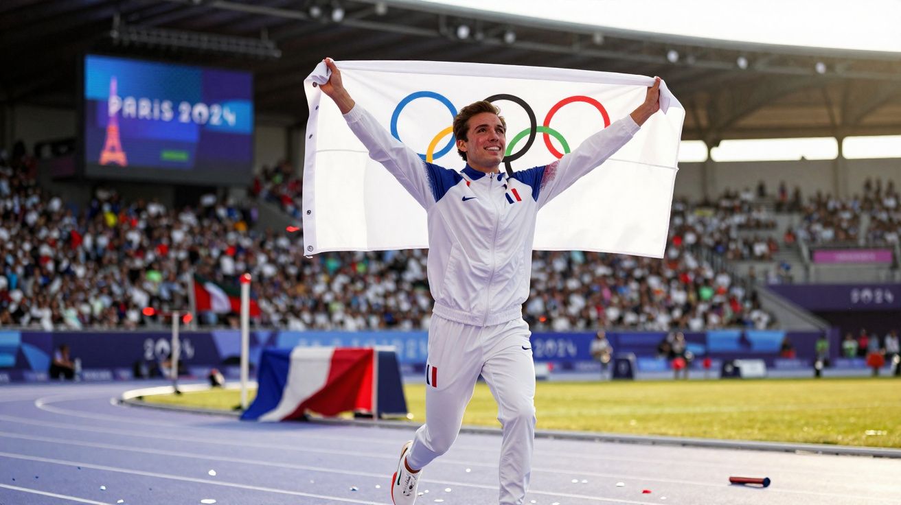 Atleta francês comemora vitória segurando bandeira olímpica num estádio com público e placa Paris 2024.