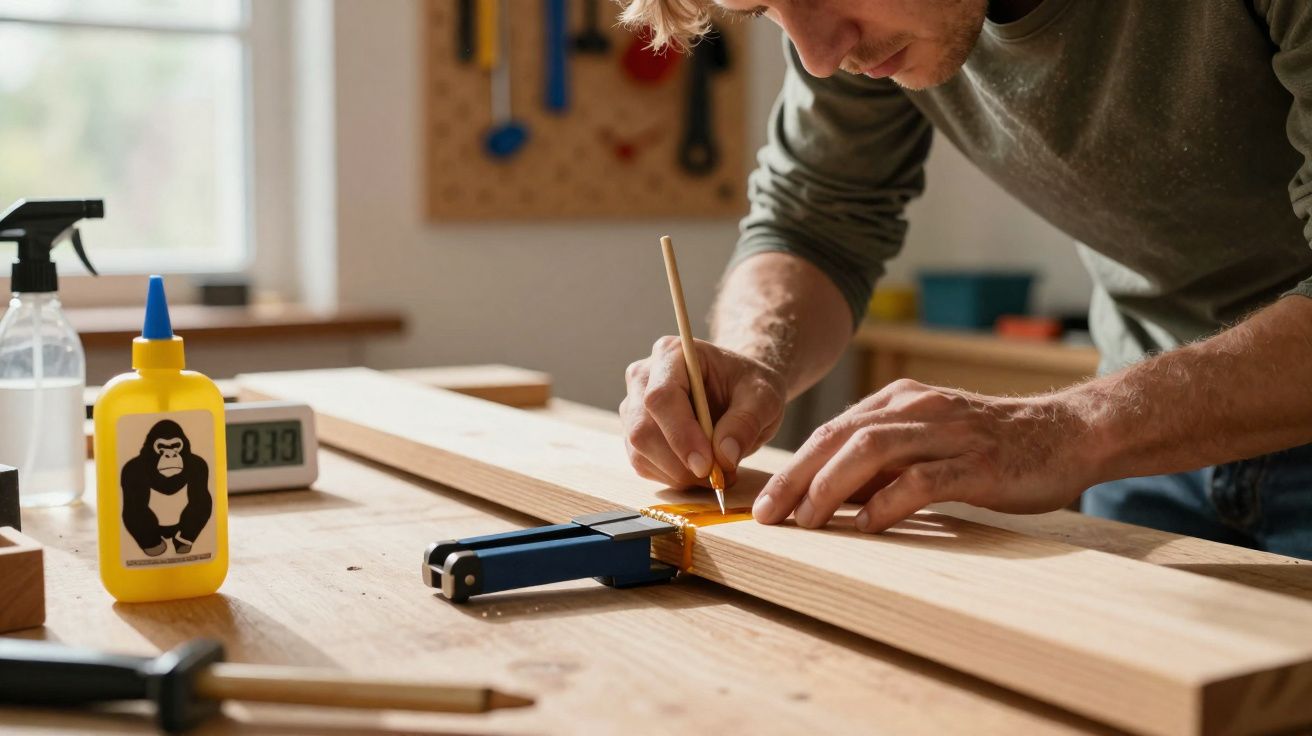 Carpinteiro a marcar uma tábua de madeira com lápis numa oficina equipada.