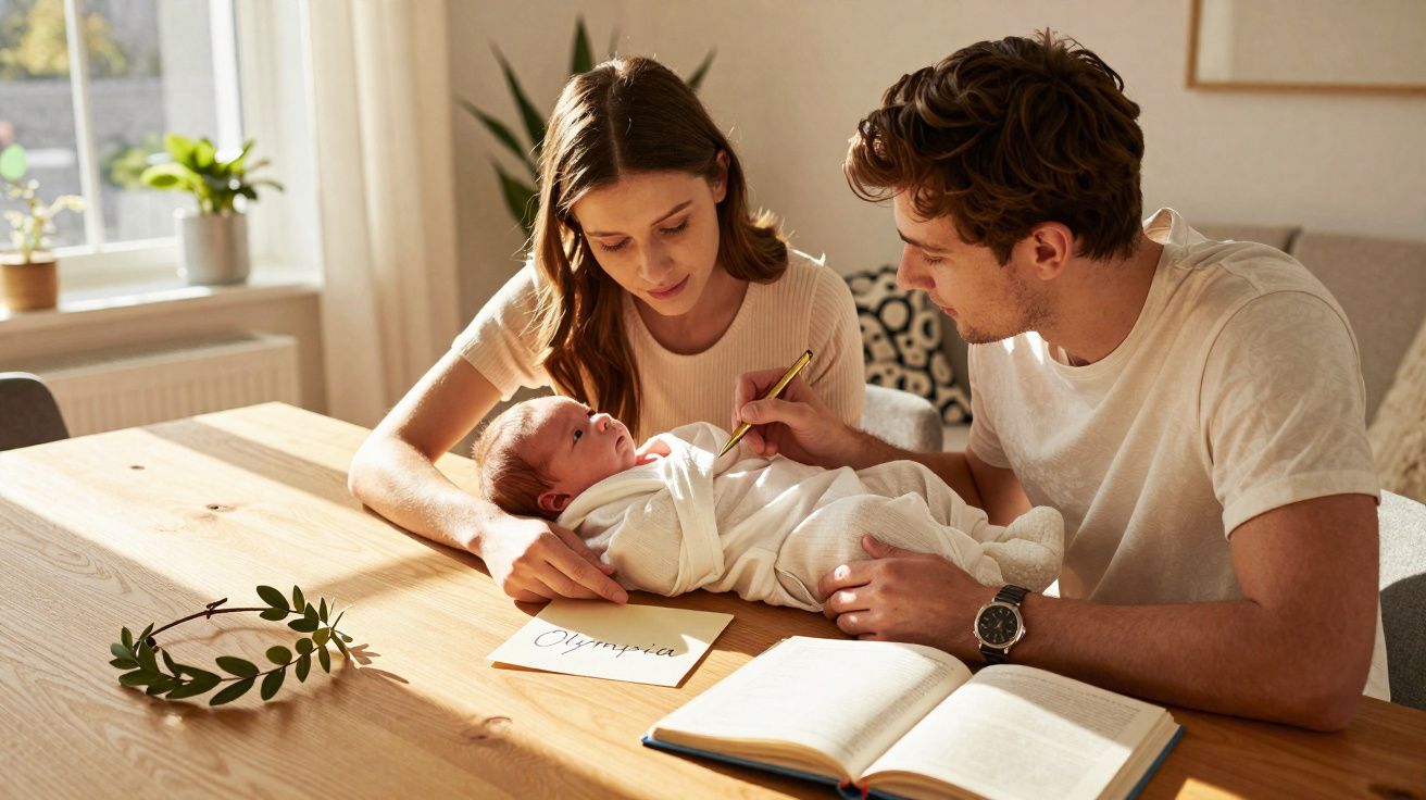 Casal com bebé enrolado em manta branca numa mesa de madeira iluminada por luz natural.