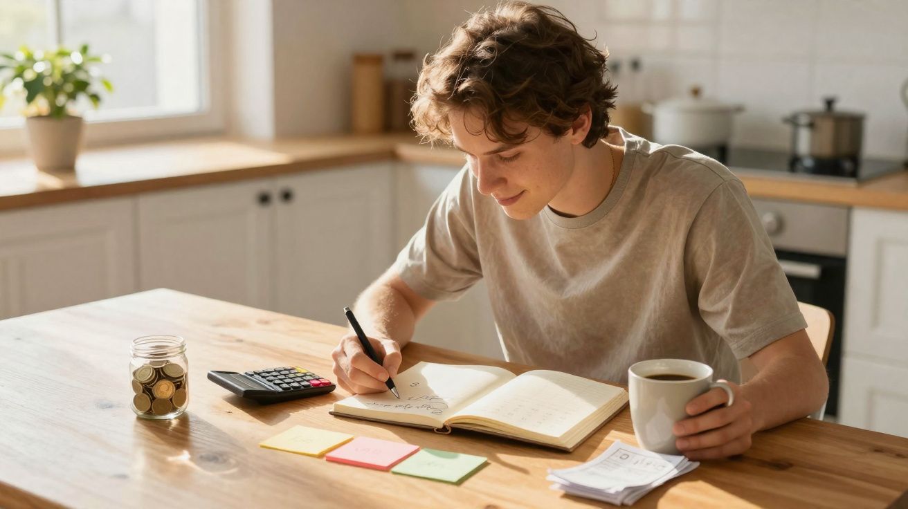 Jovem a fazer contas numa cozinha, com caderno, calculadora, notas, e a beber café.