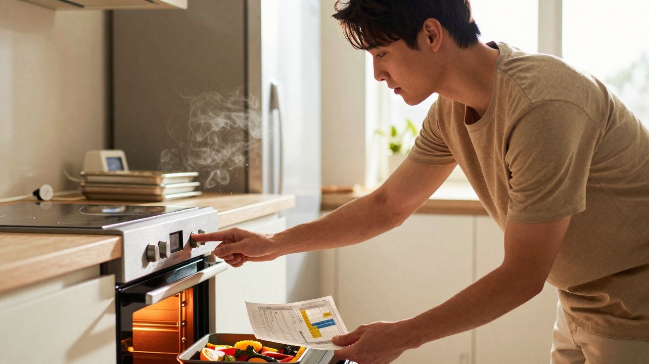 Homem a colocar tabuleiro no forno numa cozinha moderna e luminosa.