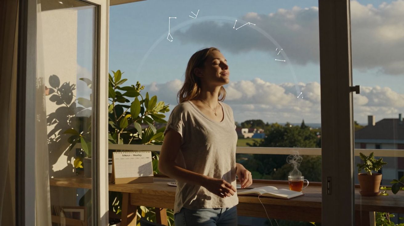 Mulher de olhos fechados a absorver luz solar na varanda com plantas e chá quente ao amanhecer.