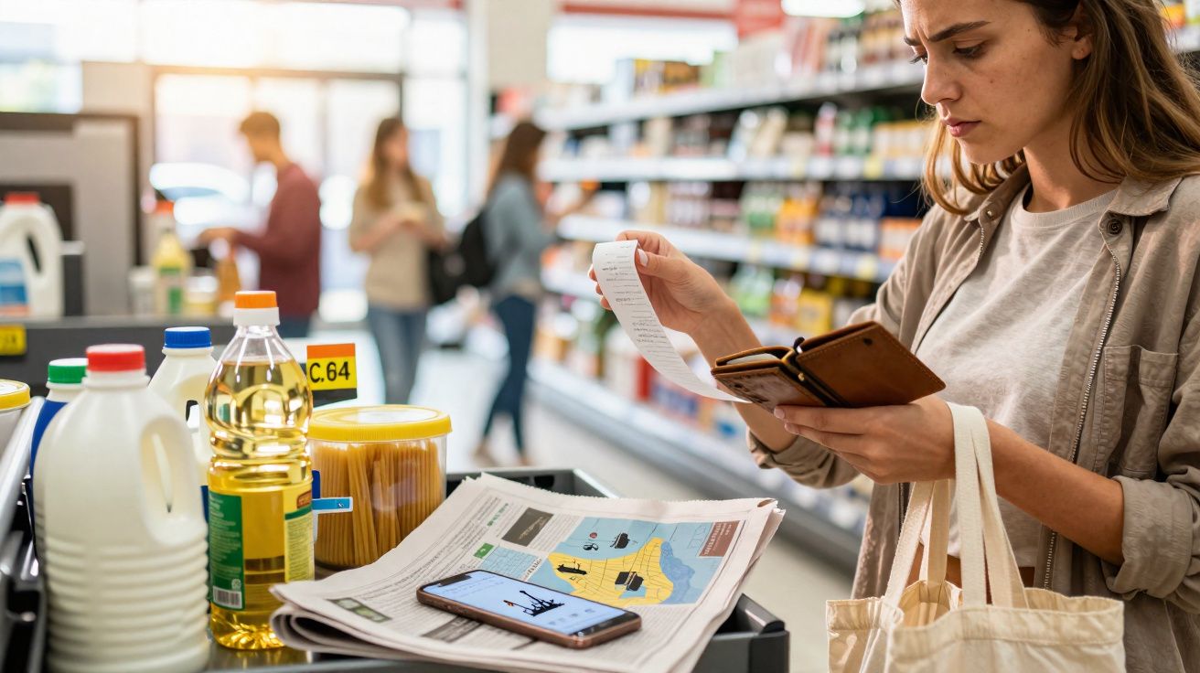 Mulher com mochila de pano verifica recibo e carteira junto a carrinho de compras cheio num supermercado.