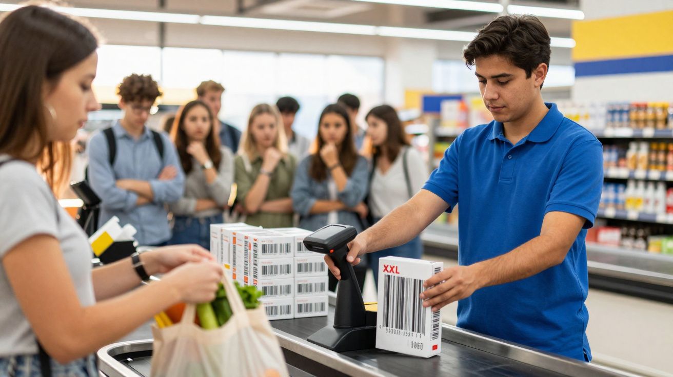 Jovem a passar produto no caixa enquanto várias pessoas aguardam na fila num supermercado moderno.