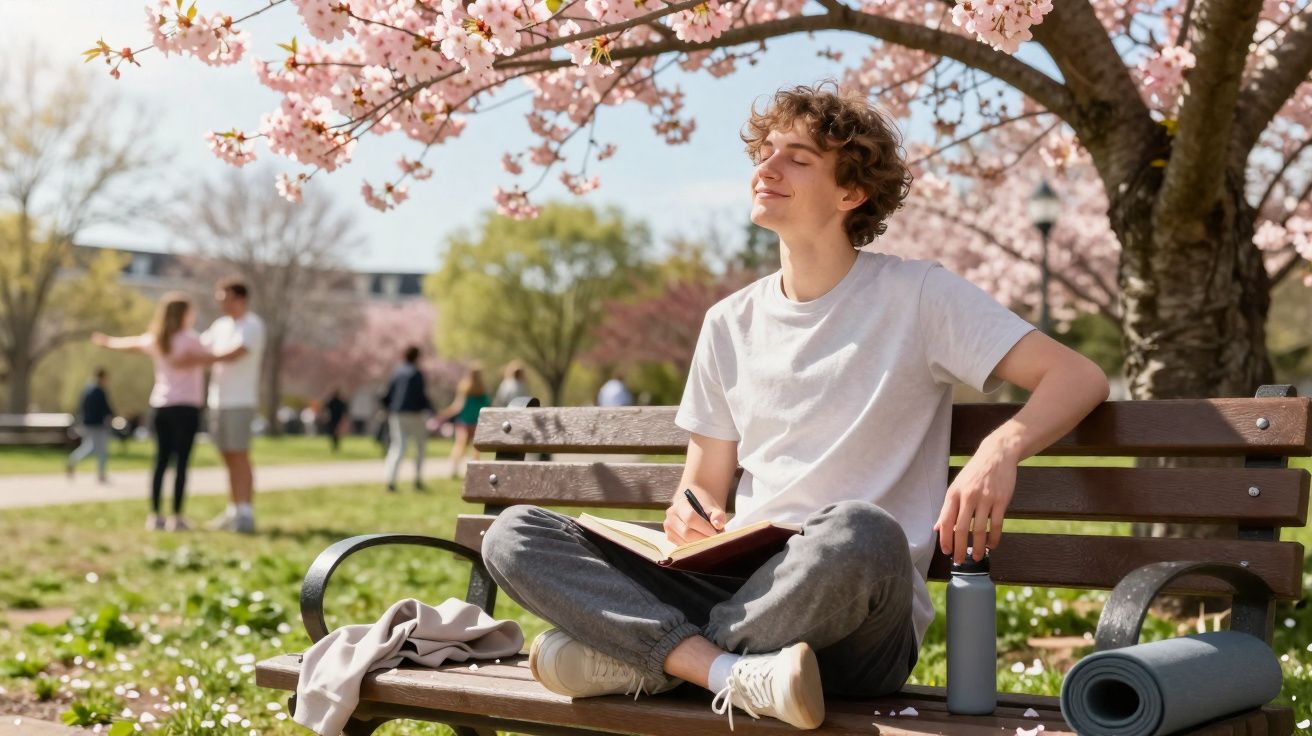 Jovem sentado num banco de parque, a escrever num caderno sob flores de cerejeira na primavera.