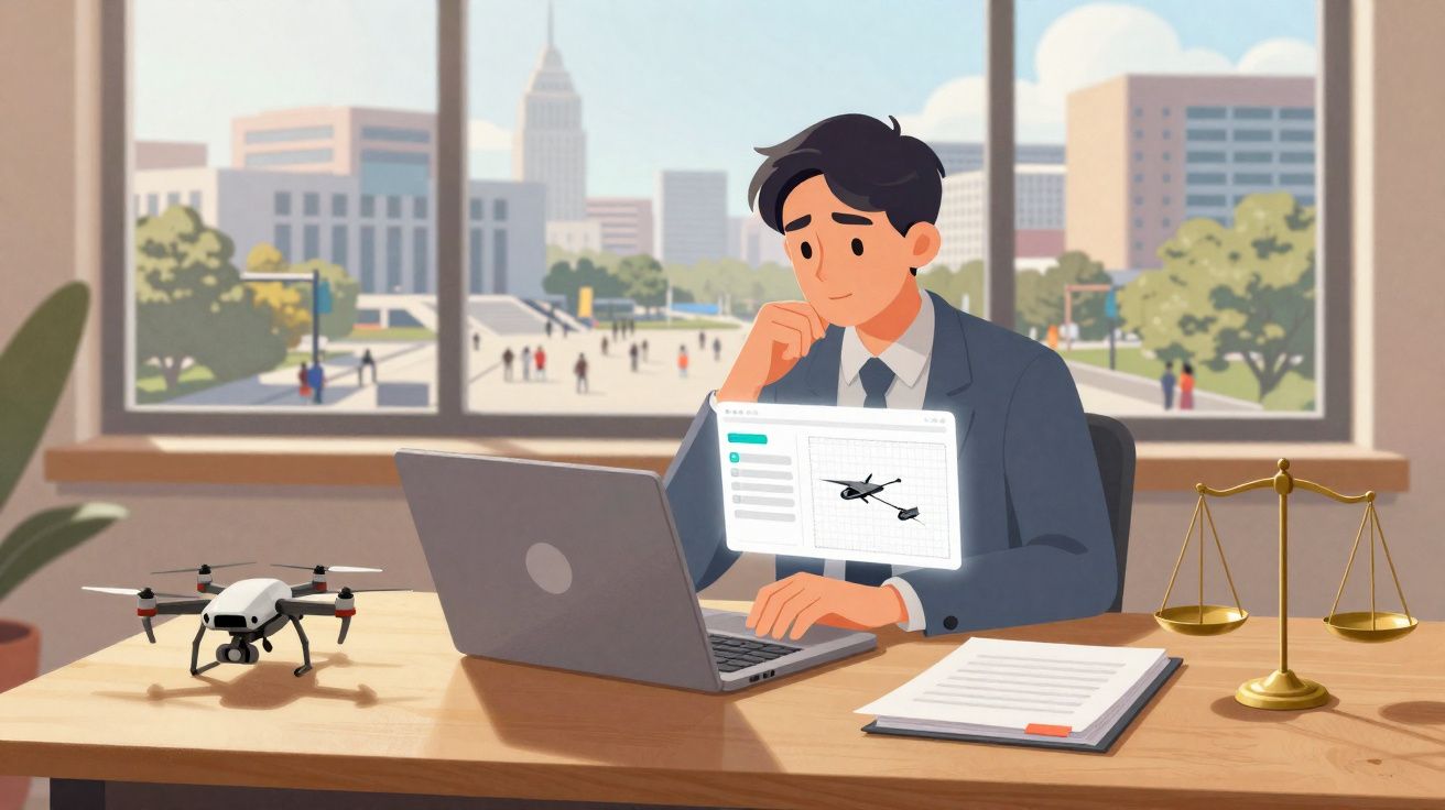 Homem de negócios sentado numa mesa a analisar imagem de drone no computador, com balança dourada e documentos.