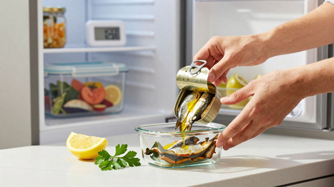 Mãos a colocar sardinhas de lata numa taça de vidro, com limão e salsa na bancada junto ao frigorífico aberto.