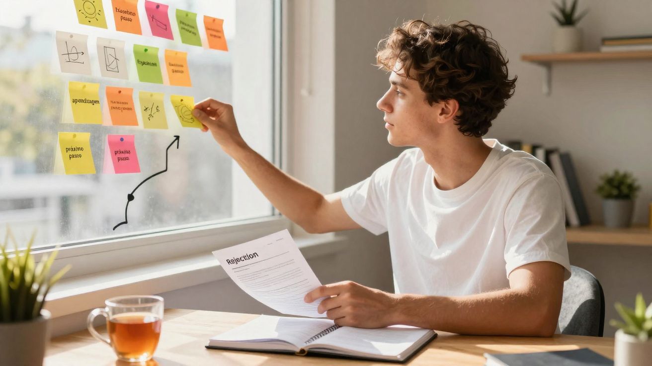 Jovem sentado a planear com notas autocolantes numa janela e a ler documento num ambiente calmo.