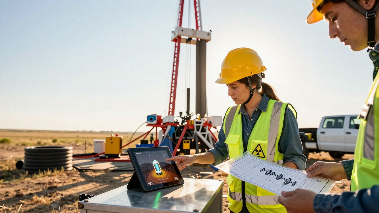 Dois trabalhadores de construção com coletes e capacetes a analisar dados numa tablet no local de perfuração.