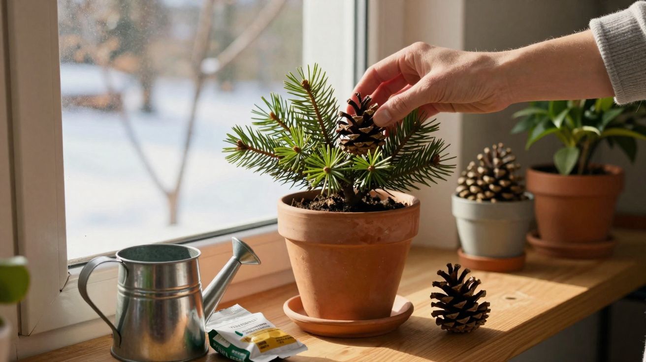 Mão a colocar pinha num vaso com ramo de pinheiro numa janela, ao lado de regador e saco de sementes.