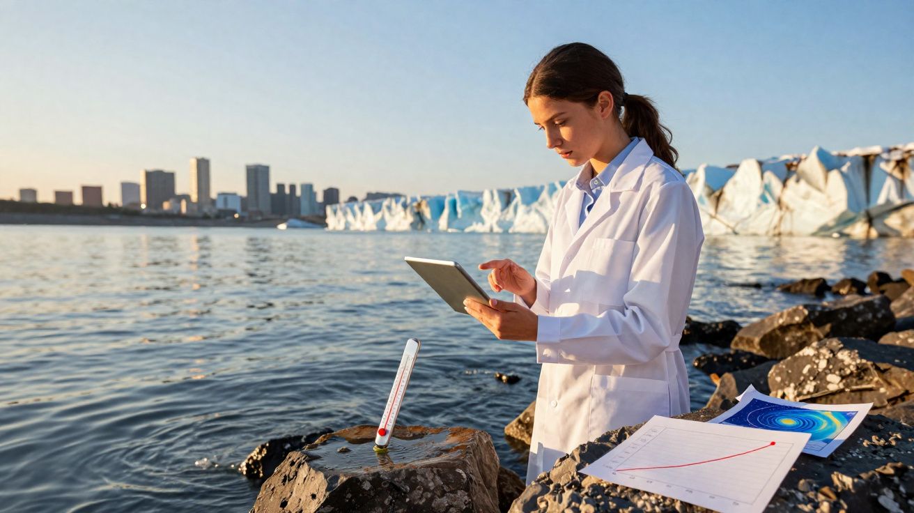 Cientista com bata branca analisa dados em tablet junto a gráficos e termómetro perto de água e geleiras.