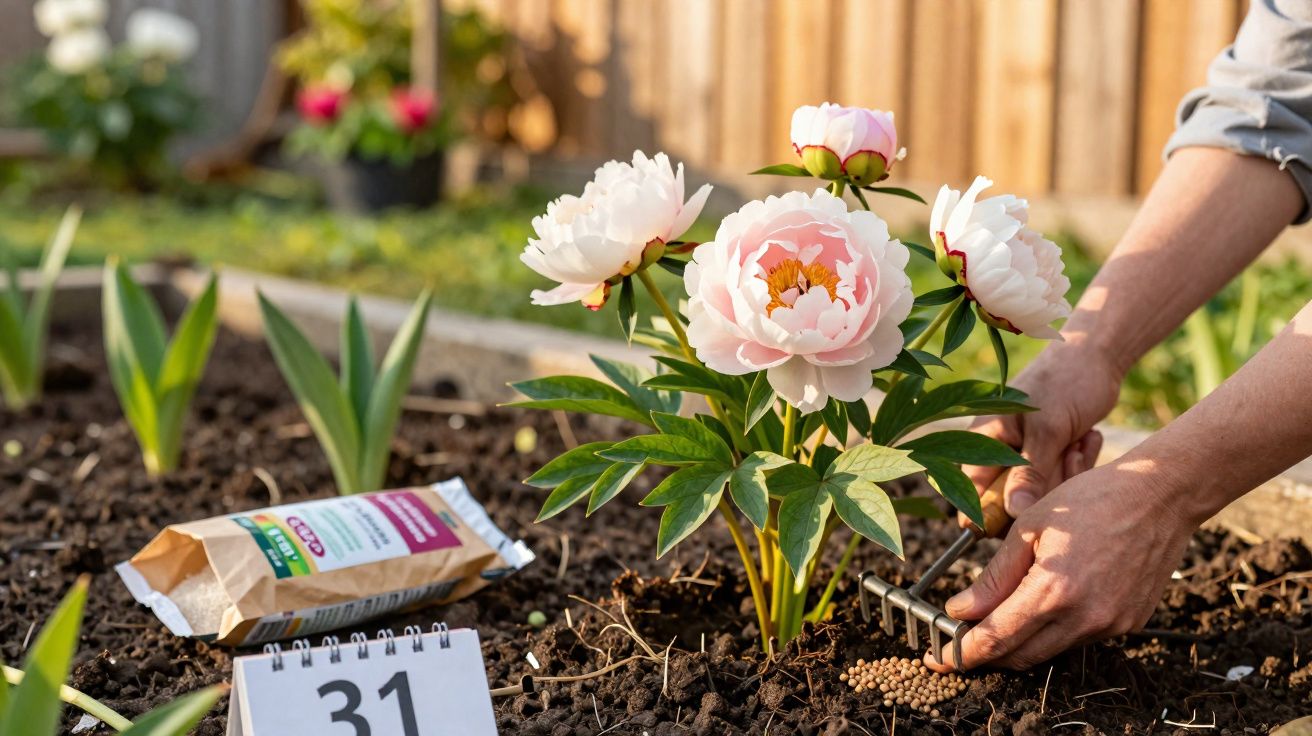 Mãos de pessoa a cuidar de flor de peônia rosa num jardim com saco de adubo e calendário.