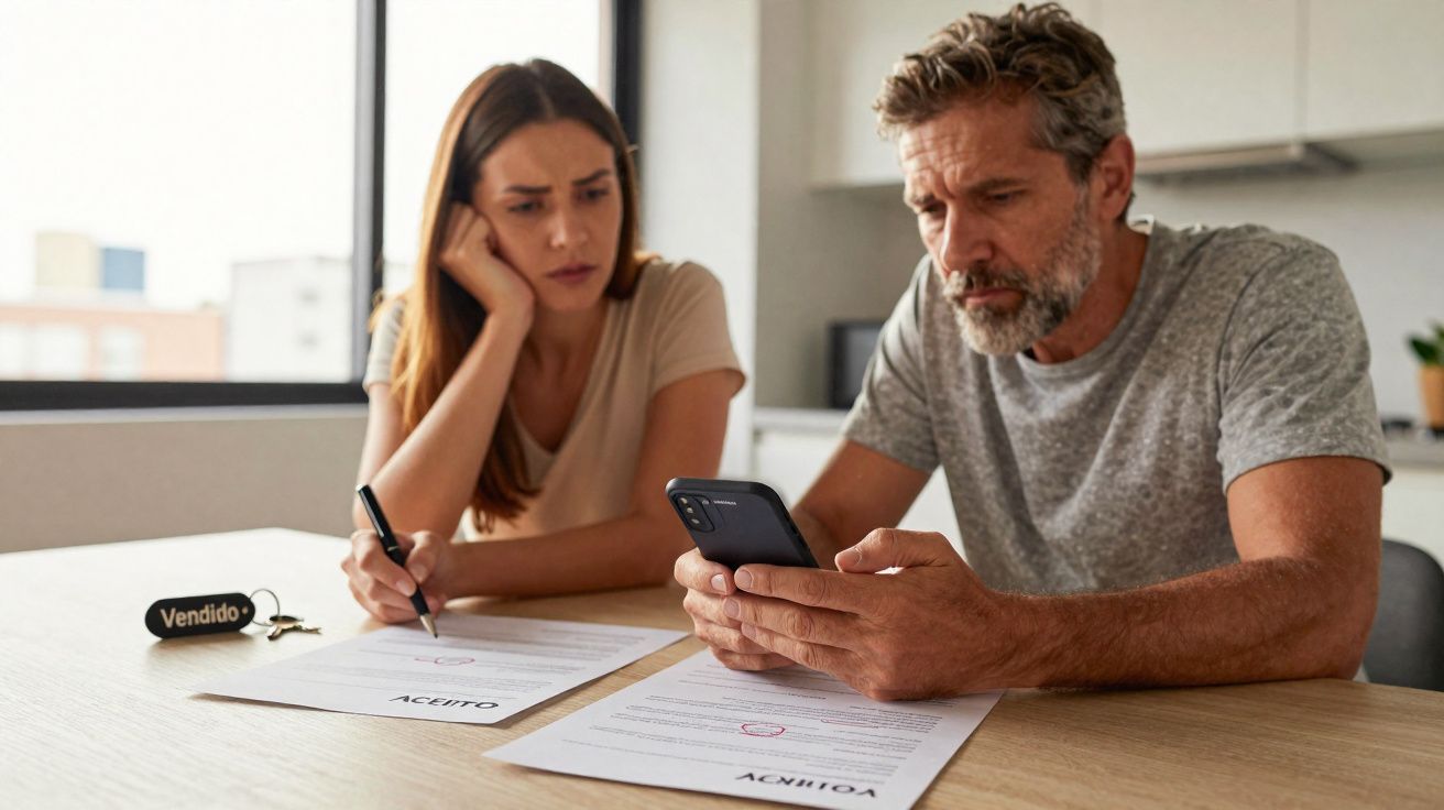Casal preocupado analisa documentos de venda e contrato, com chave de imóvel e etiqueta "Vendido" na mesa.