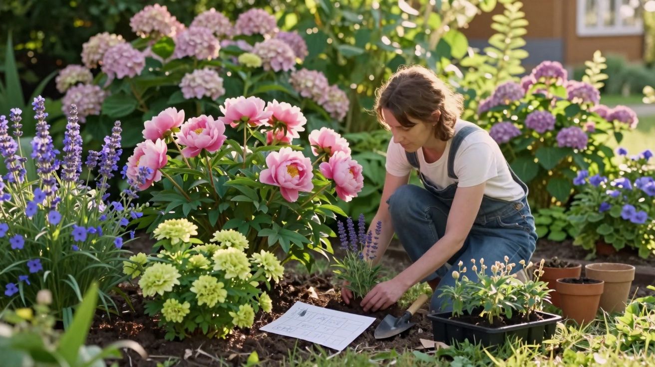 Mulher a plantar flores num jardim cheio de flores coloridas durante o dia.