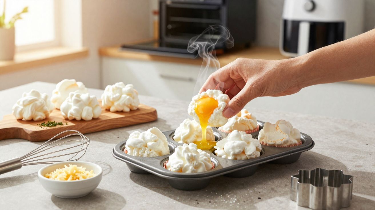 Mão segurando ovo nuvem quente com gema a escorrer num tabuleiro de muffins na cozinha iluminada.
