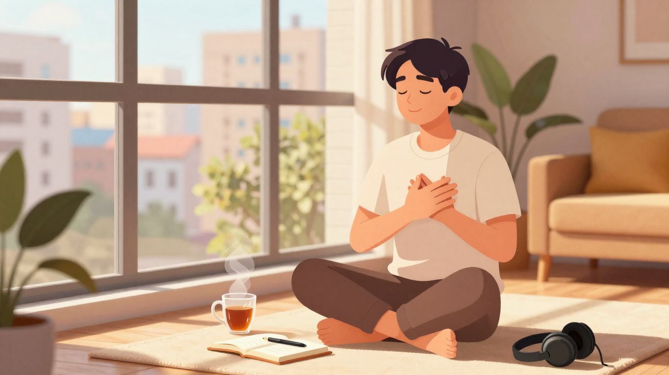 Pessoa sentada no chão junto da janela, fazendo meditação com chá e caderno ao lado.