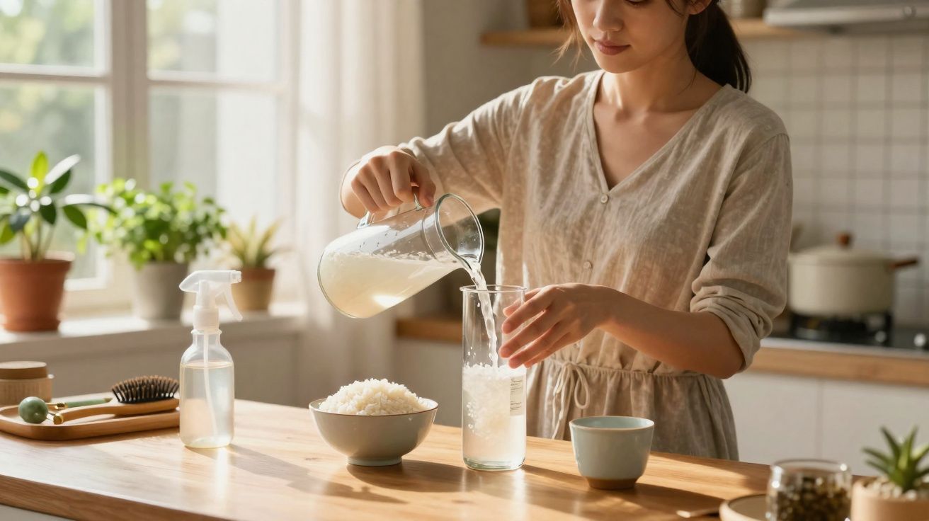 Mulher a despejar água de arroz num copo numa cozinha iluminada com plantas na janela.