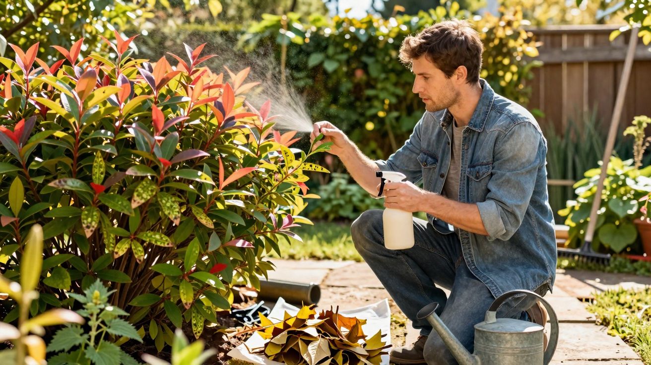Homem a pulverizar plantas com frasco borrifador num jardim ensolarado.