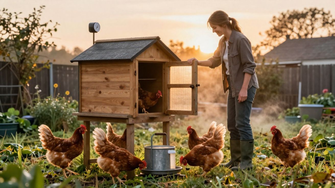 Mulher a alimentar galinhas num galinheiro pequeno em jardim ao pôr do sol.