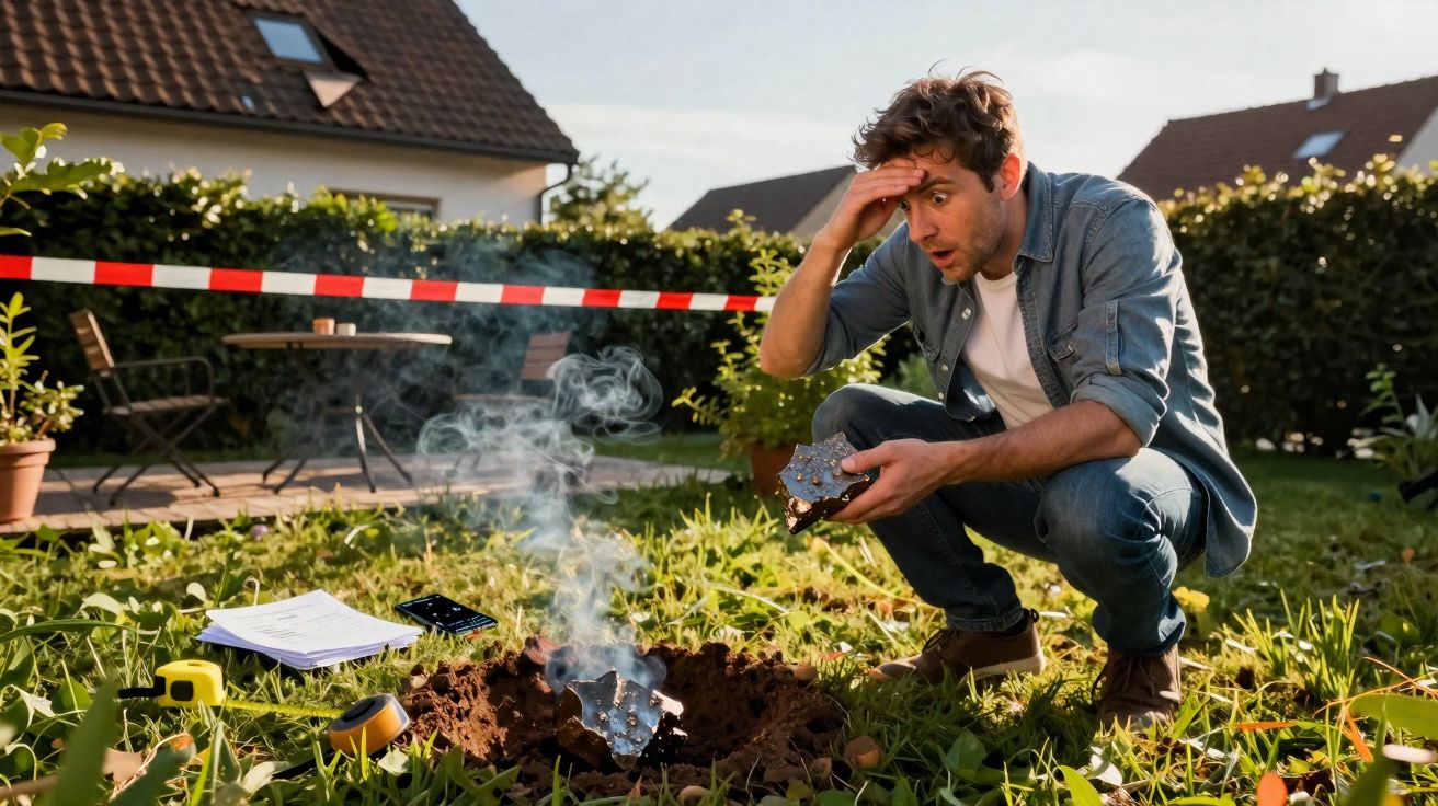 Homem surpreendido a observar pedaços queimados de telefone e documentos numa cova no jardim.