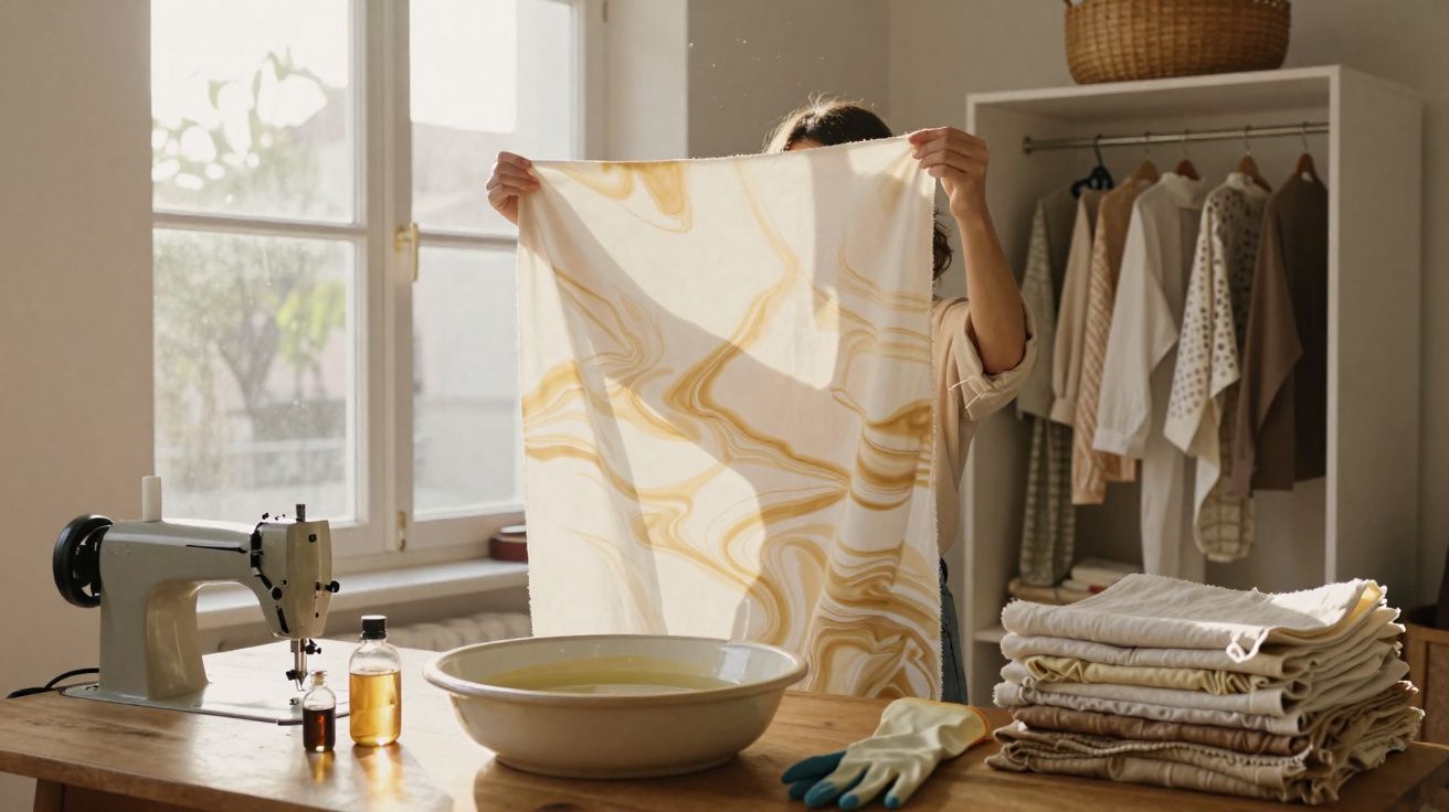 Pessoa a segurar tecido branco com padrão dourado ao lado de máquina de costura, balde de água e roupas dobradas.