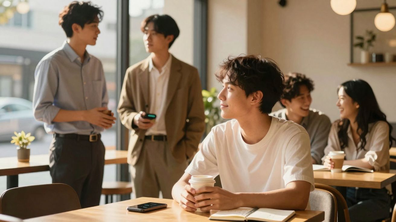 Jovem sentado com chá nas mãos, olhando pela janela, enquanto grupo conversa num café moderno e iluminado.