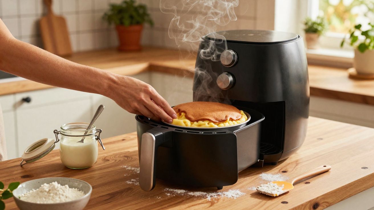 Mão a retirar bolo quente e fumegante de fritadeira elétrica numa cozinha com bancada de madeira.