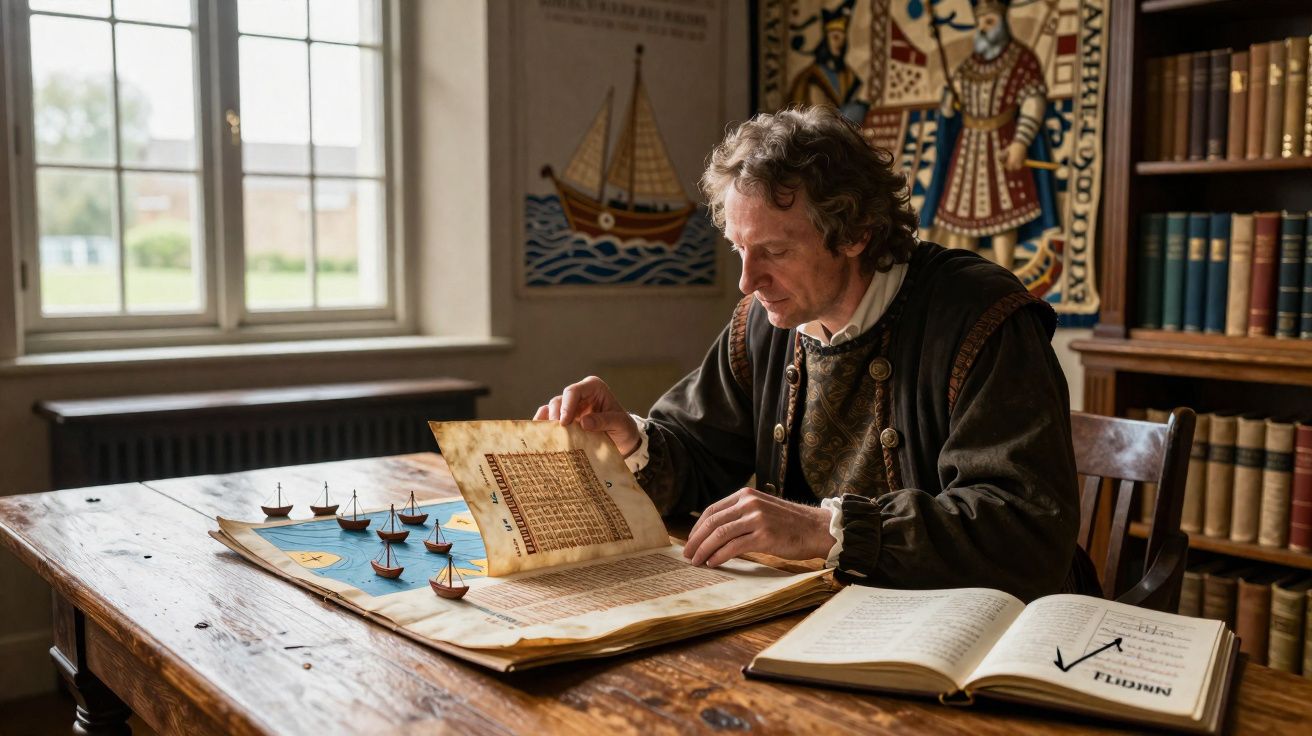 Homem vestido à época a estudar mapas e documentos antigos numa sala com estante de livros.