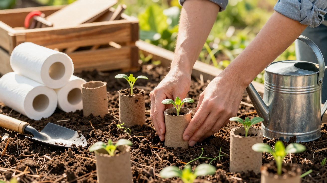 Mãos a plantar pequenas mudas em recipientes biodegradáveis no solo de um jardim com regador e ferramentas.