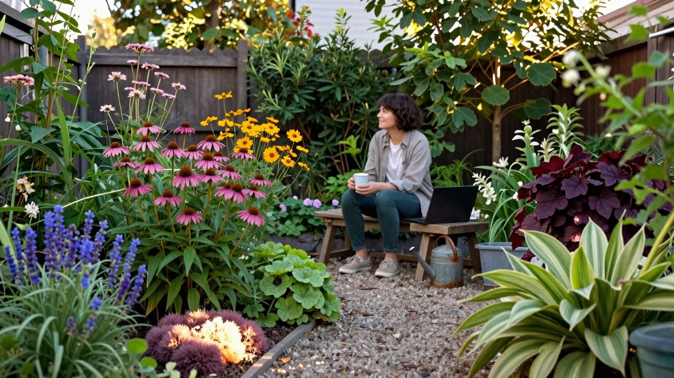 Mulher sentada num banco no jardim, rodeada por flores coloridas e plantas variadas.